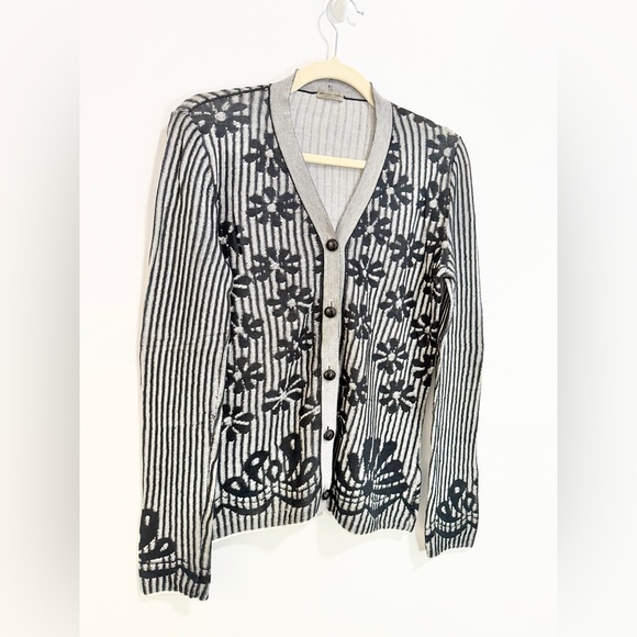 Bottega Veneta Sweaters - Bottega Venetia Black Floral Stripe Cotton Button Front Soft Cardigan Sweater